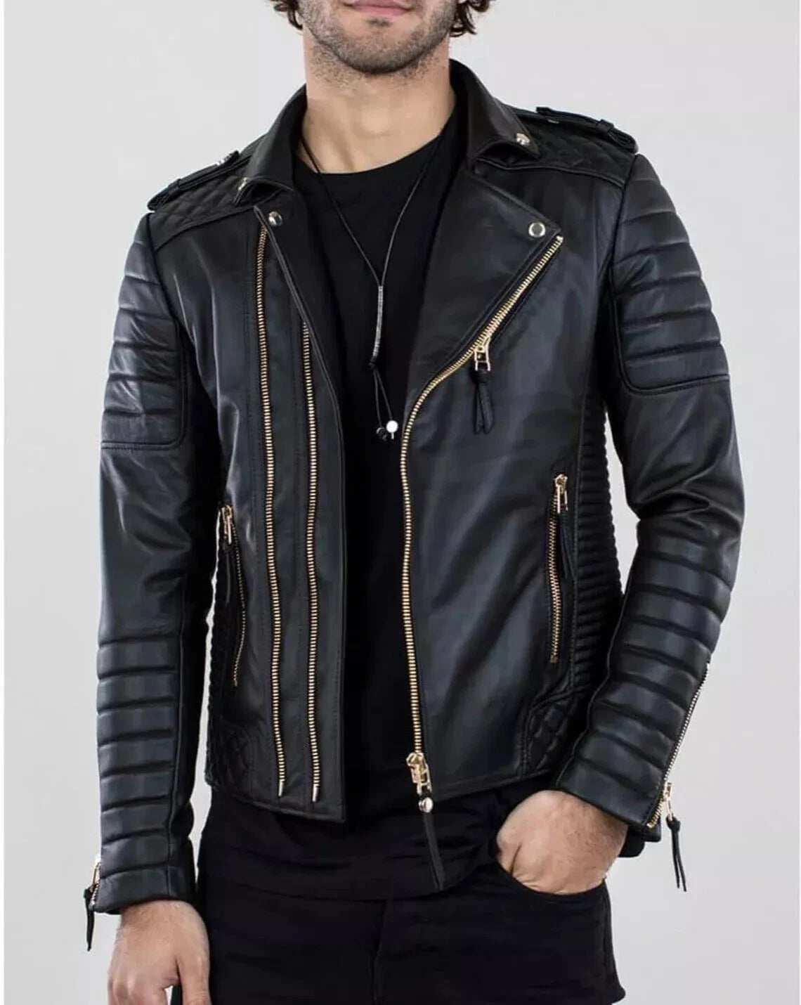 Men's Black Original Leather Biker Jacket - Premium Full-Grain Quilted Moto with Diamond Panels