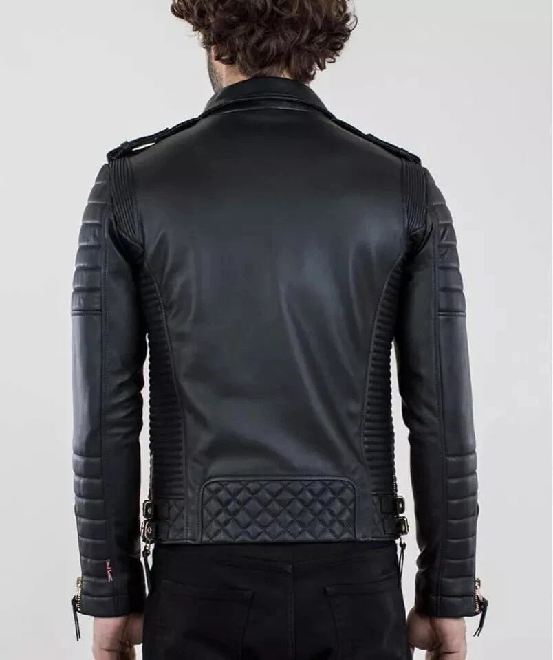 Men's Black Original Leather Biker Jacket - Premium Full-Grain Quilted Moto with Diamond Panels