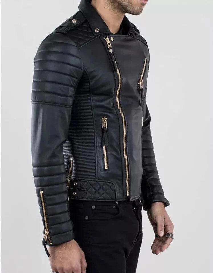 Men's Black Original Leather Biker Jacket - Premium Full-Grain Quilted Moto with Diamond Panels