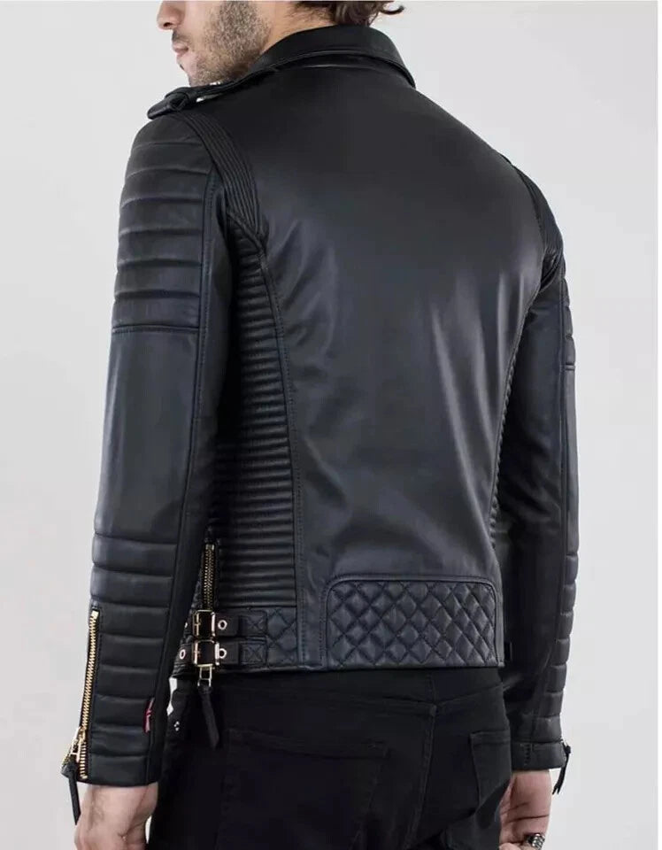 Men's Black Original Leather Biker Jacket - Premium Full-Grain Quilted Moto with Diamond Panels