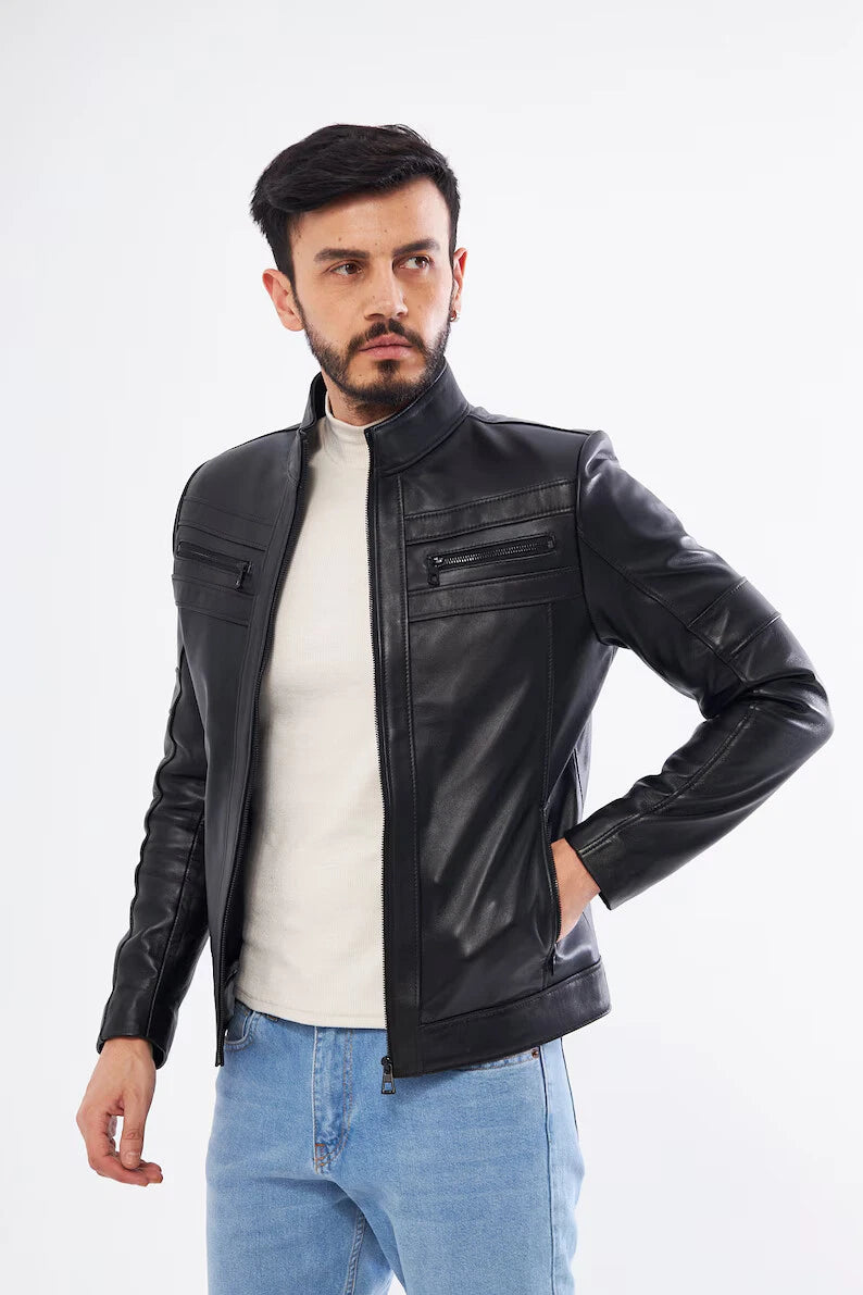 Men's Black Original Leather Cafe Racer Jacket - Premium Full-Grain Moto Jacket