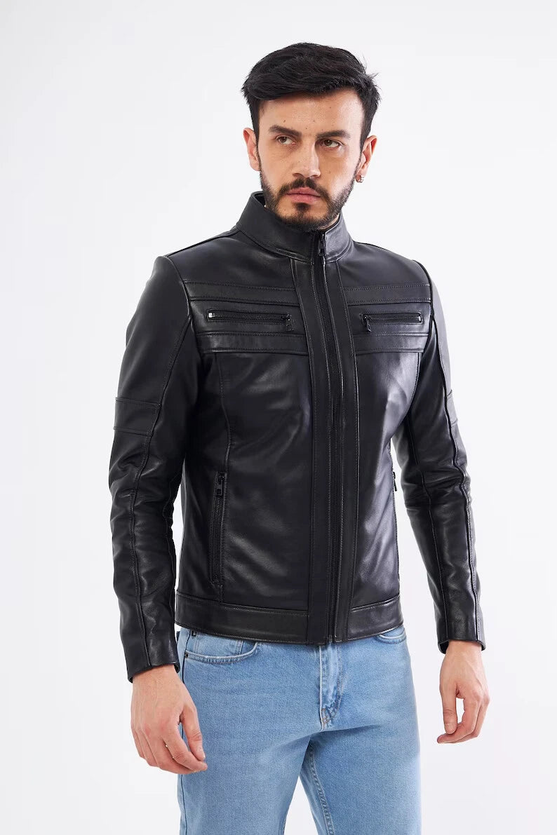 Men's Black Original Leather Cafe Racer Jacket - Premium Full-Grain Moto Jacket