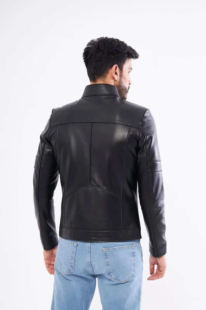 Men's Black Original Leather Cafe Racer Jacket - Premium Full-Grain Moto Jacket