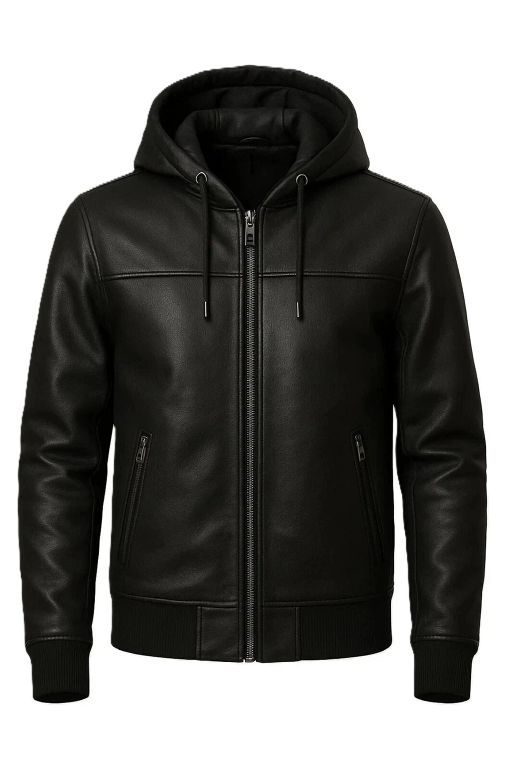 Men's Black Original Leather Hooded Bomber Jacket - Premium Full-Grain Jacket with Removable Hood