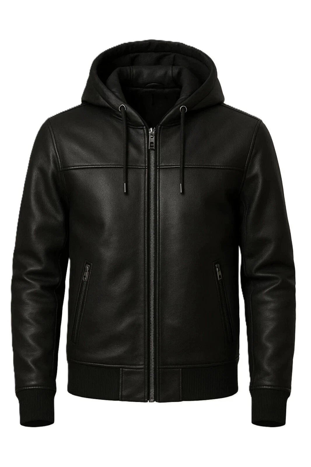 Men's Black Original Leather Hooded Bomber Jacket - Premium Full-Grain Jacket with Removable Hood