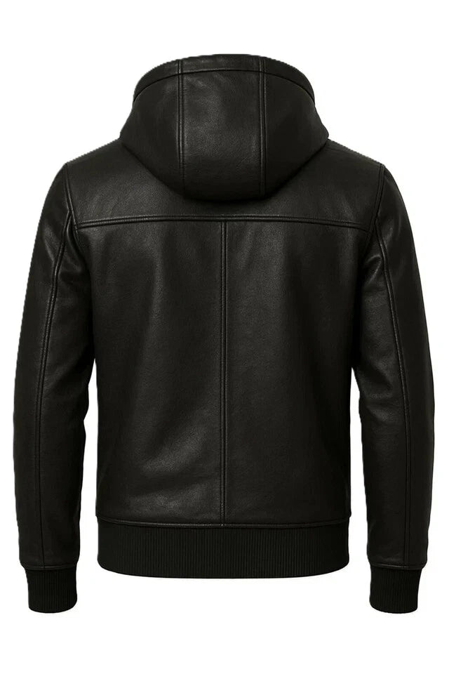 Men's Black Original Leather Hooded Bomber Jacket - Premium Full-Grain Jacket with Removable Hood
