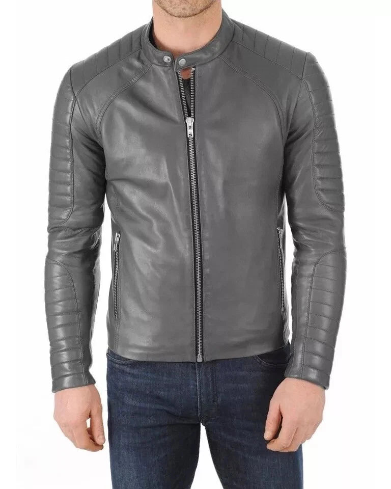 Men's Grey Leather Racer Jacket - Premium Full-Grain Quilted Moto Jacket