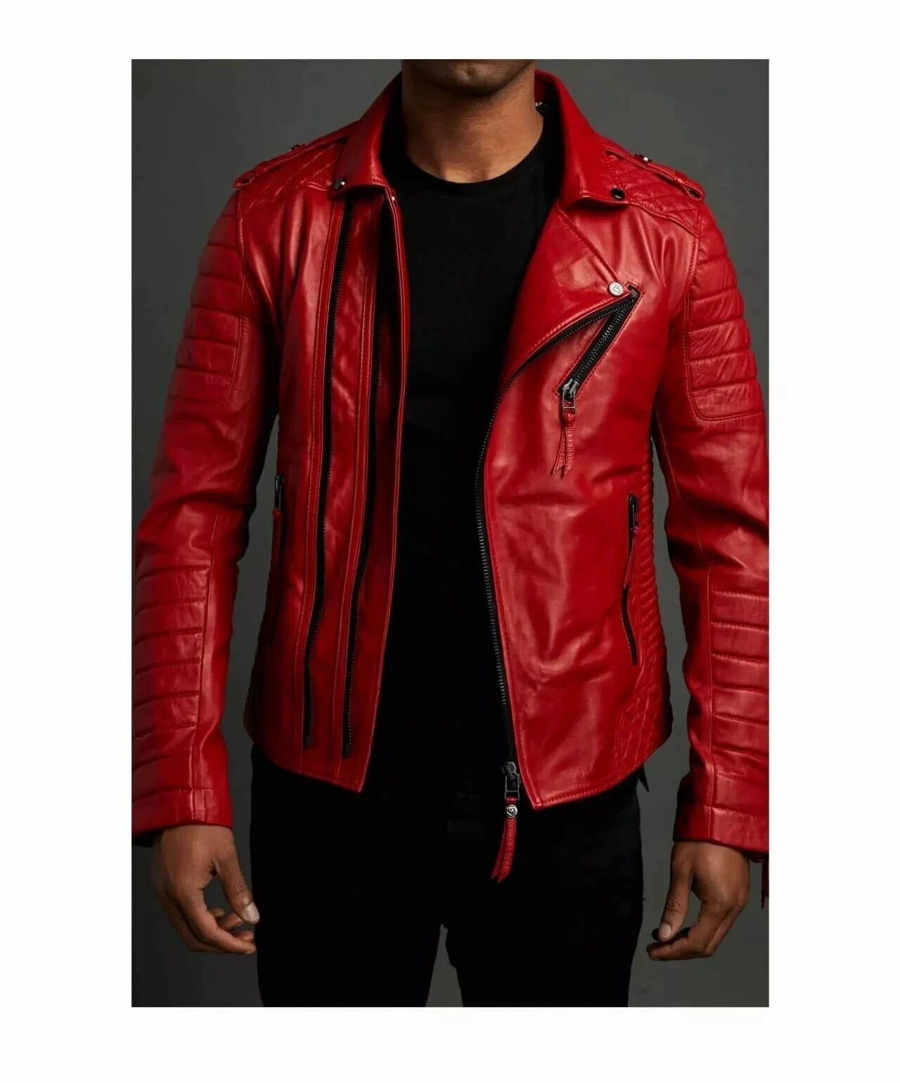 Men's Red Original Leather Biker Jacket - Premium Full-Grain Quilted Moto with Diamond Panels