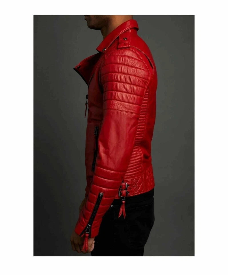 Men's Red Original Leather Biker Jacket - Premium Full-Grain Quilted Moto with Diamond Panels
