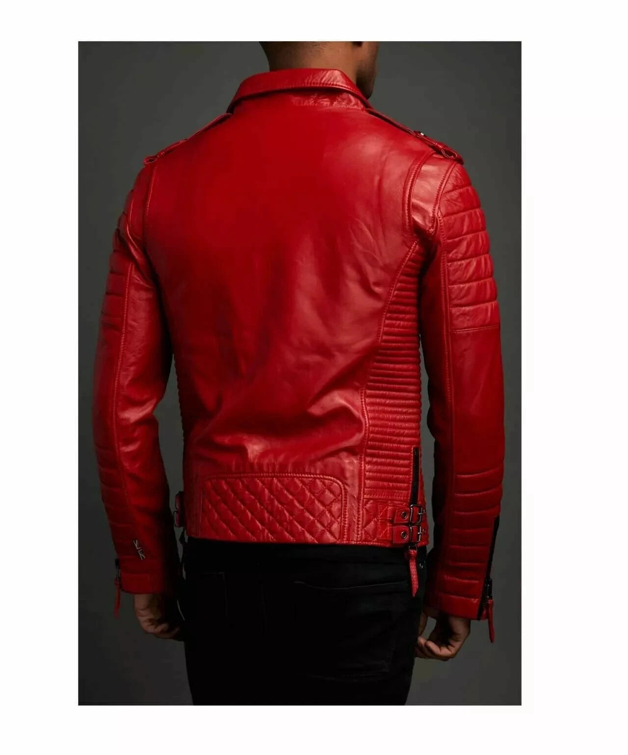 Men's Red Original Leather Biker Jacket - Premium Full-Grain Quilted Moto with Diamond Panels