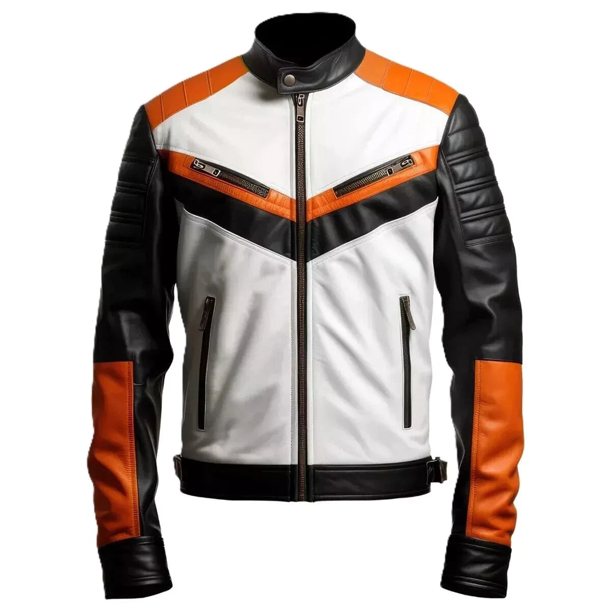 Men's Tri-Color Racing Original Leather Jacket - Premium White Orange Black Moto Jacket