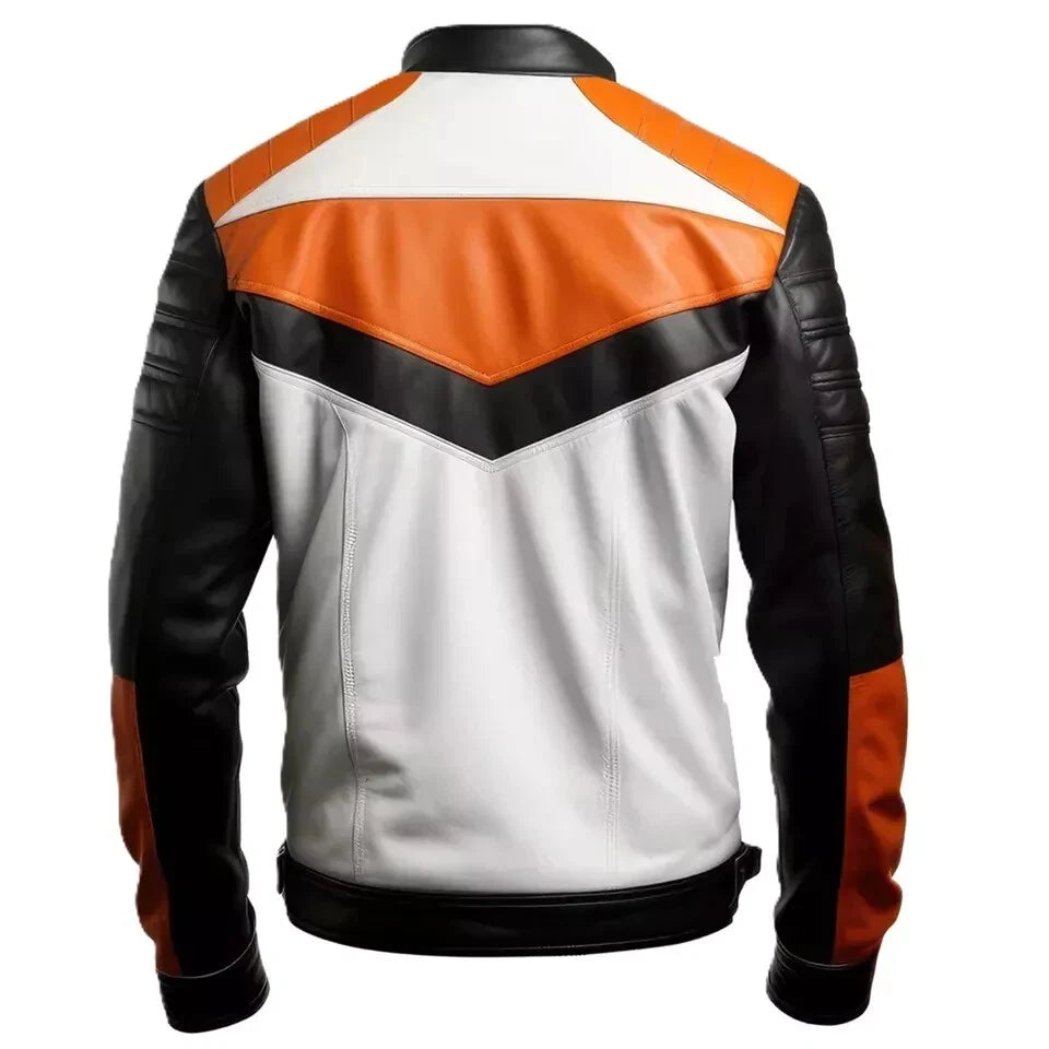Men's Tri-Color Racing Original Leather Jacket - Premium White Orange Black Moto Jacket