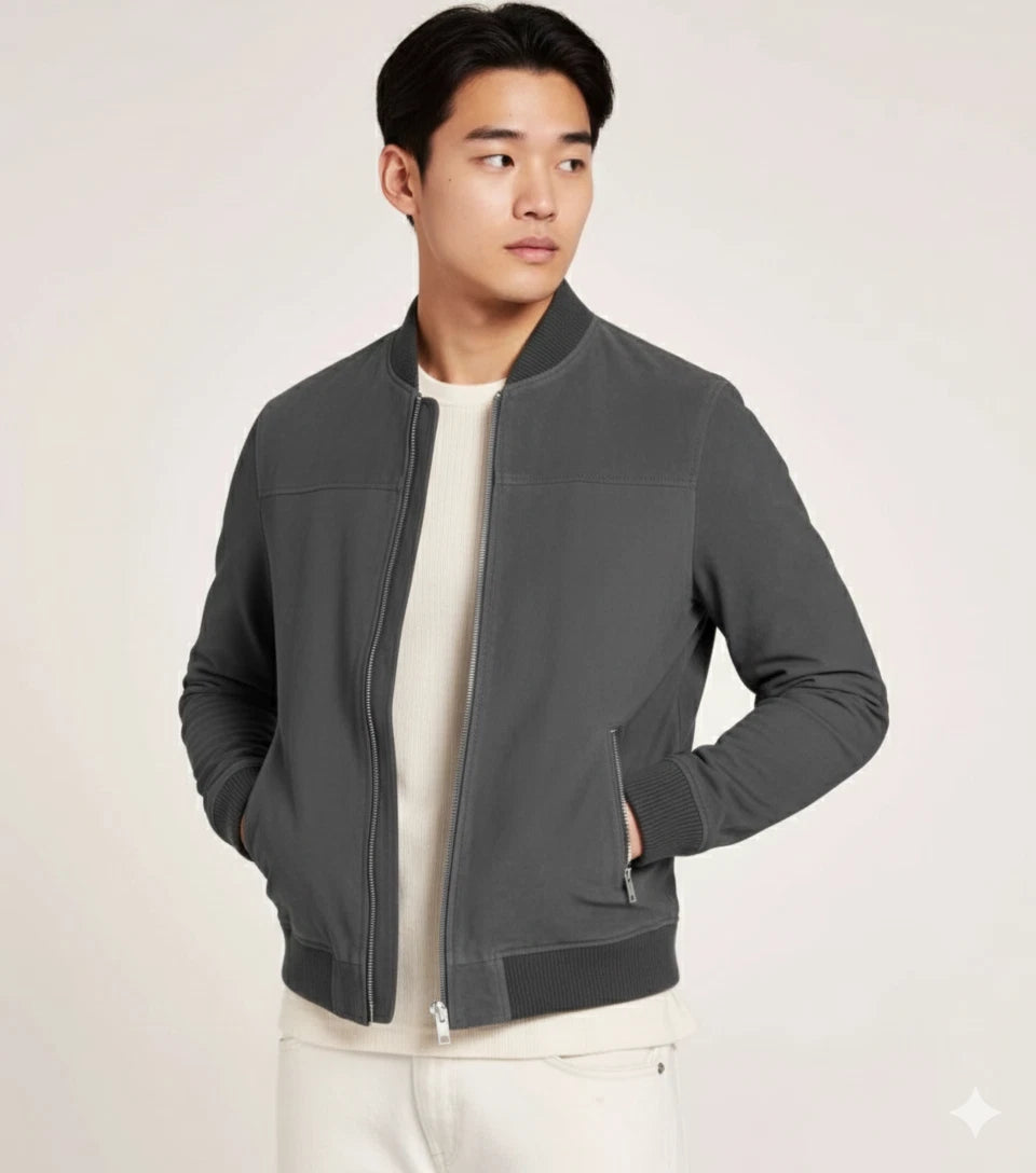 Men's Grey Suede Bomber Jacket - Premium Full-Grain Leather Jacket