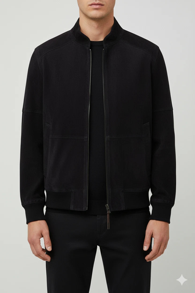 Men's Black Original Suede Bomber Jacket - Premium Full-Grain Leather Jacket