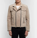 Men's Beige Original Leather Biker Jacket - Premium Full-Grain Moto with Ribbed Cuffs