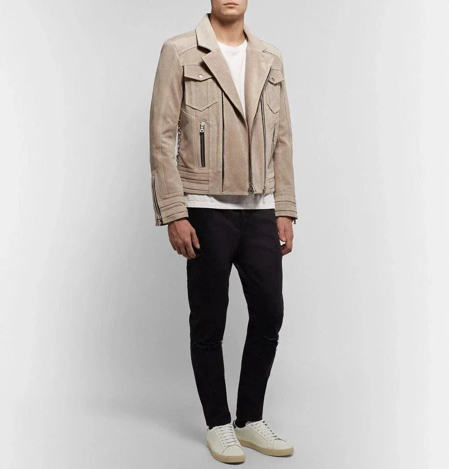 Men's Beige Original Leather Biker Jacket - Premium Full-Grain Moto with Ribbed Cuffs
