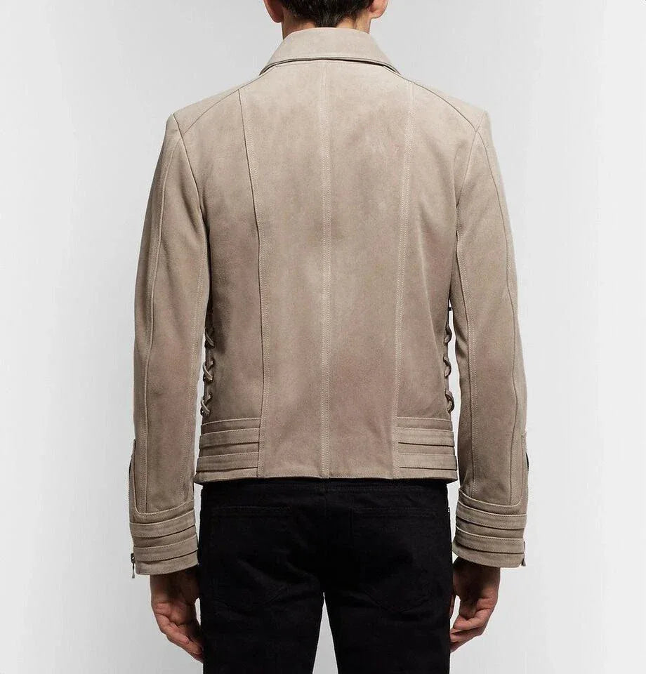 Men's Beige Original Leather Biker Jacket - Premium Full-Grain Moto with Ribbed Cuffs