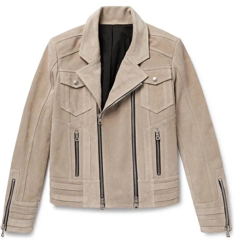 Men's Beige Original Leather Biker Jacket - Premium Full-Grain Moto with Ribbed Cuffs