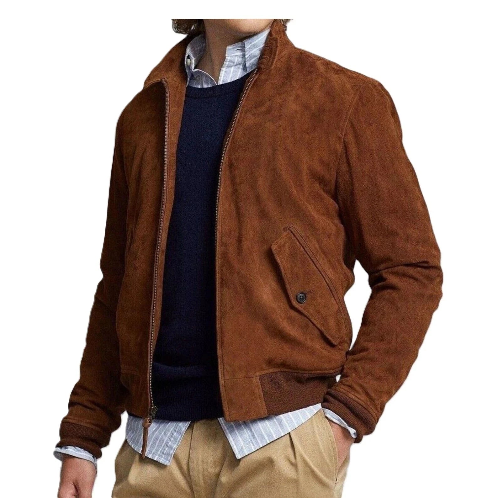 Men's Tan Suede Bomber Jacket - Premium Full-Grain Western Style Jacket