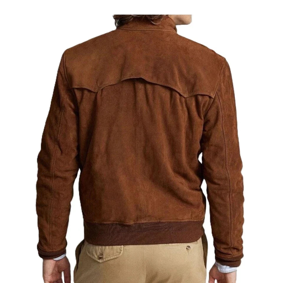 Men's Tan Suede Bomber Jacket - Premium Full-Grain Western Style Jacket