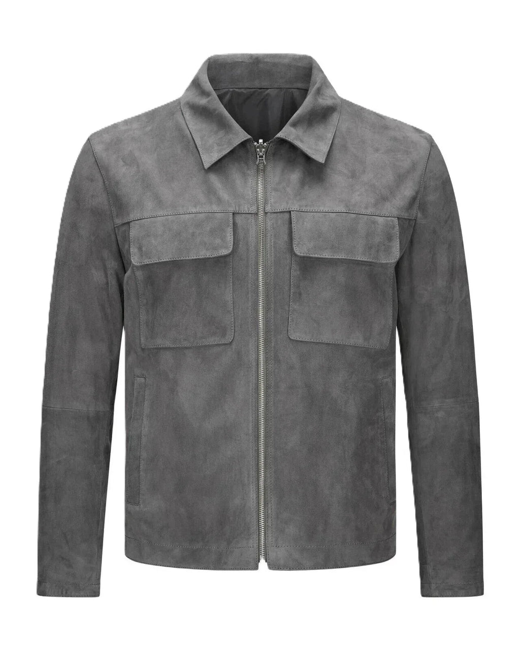 Men's Grey Original Suede Shirt Jacket - Premium Full-Grain Trucker Style Jacket