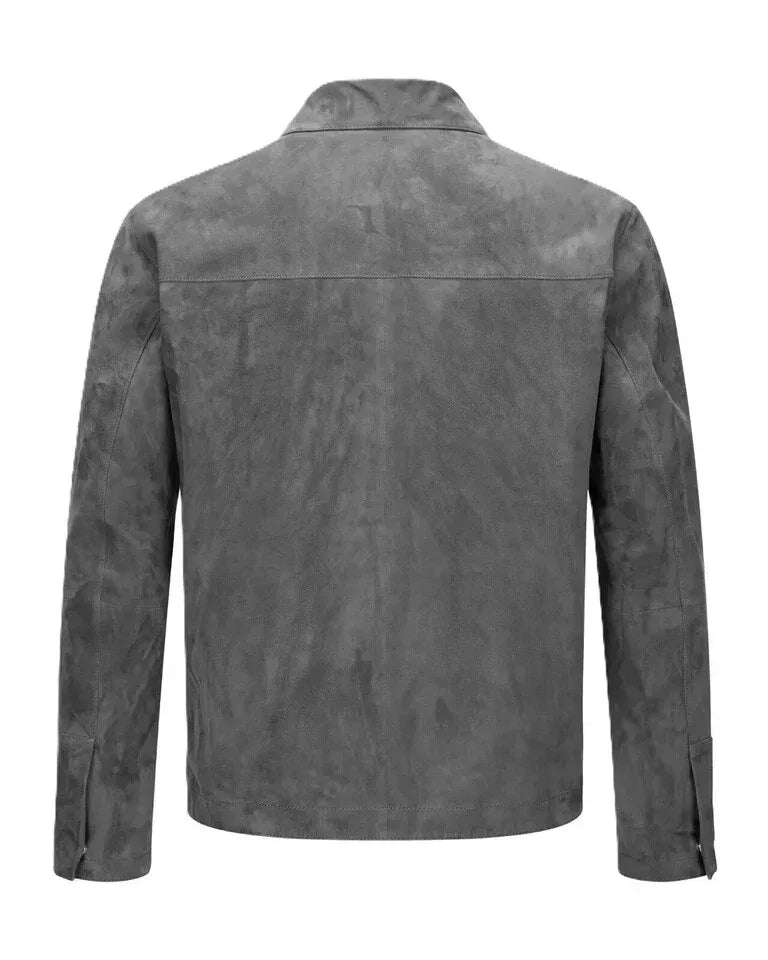 Men's Grey Original Suede Shirt Jacket - Premium Full-Grain Trucker Style Jacket