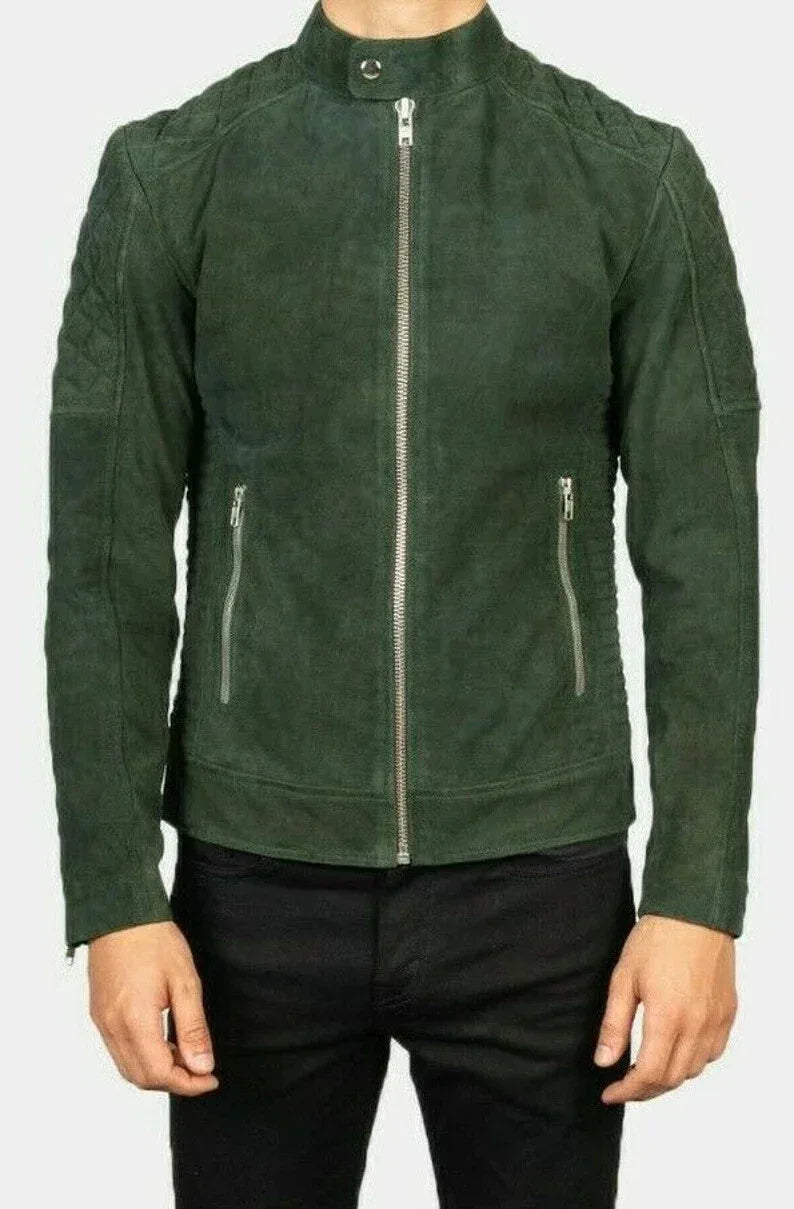 Men's Forest Green Original Suede Leather Racer Jacket - Premium Full-Grain Quilted Moto