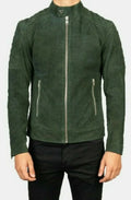 Men's Forest Green Original Suede Leather Racer Jacket - Premium Full-Grain Quilted Moto