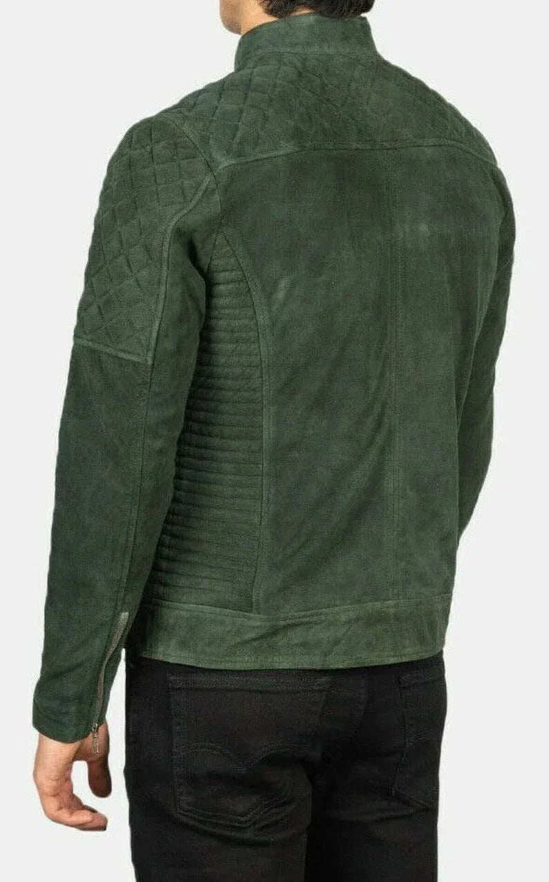 Men's Forest Green Original Suede Leather Racer Jacket - Premium Full-Grain Quilted Moto