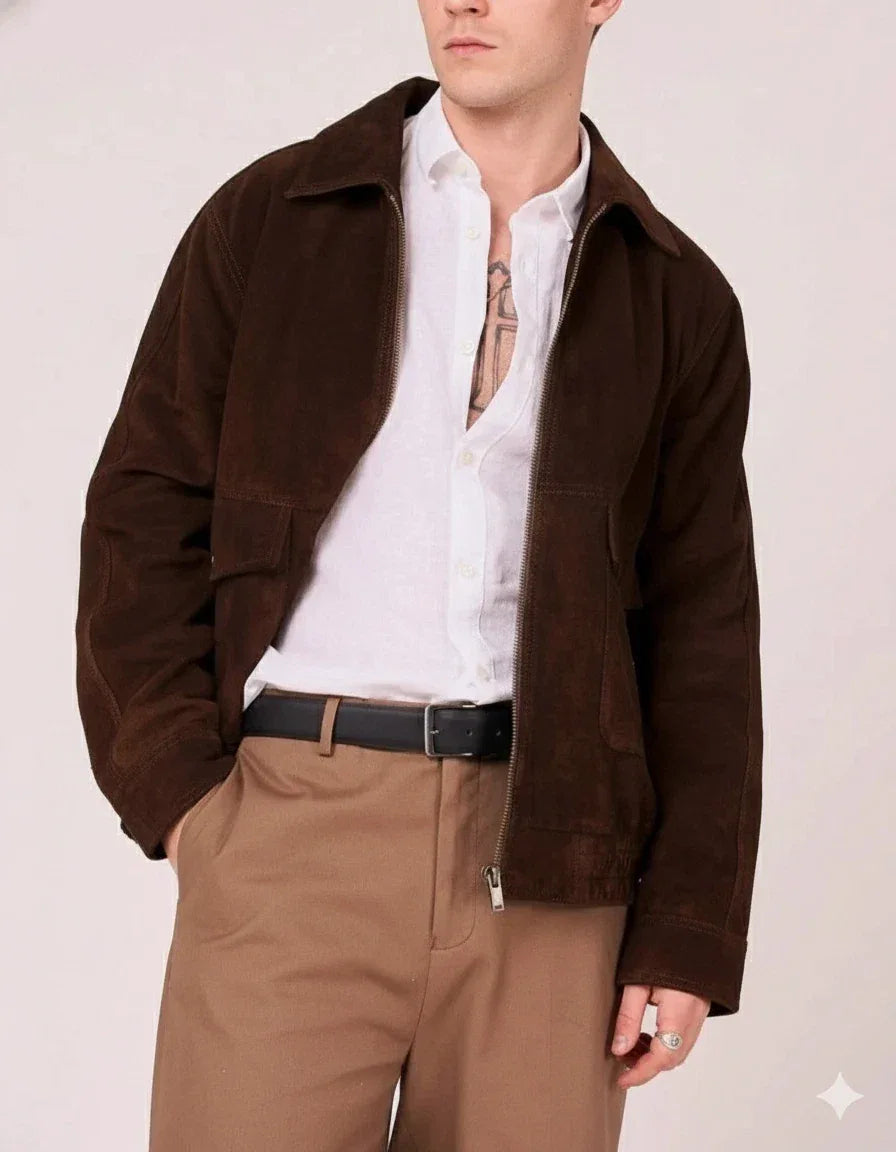 Men's Brown Suede Leather Bomber Jacket - Premium Full-Grain Classic Style