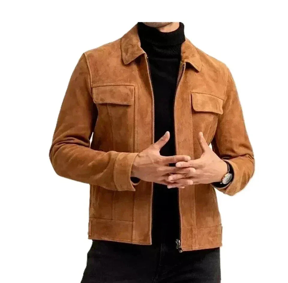 Men's Tan Original Suede Leather Jacket - Premium Full-Grain Utility Style