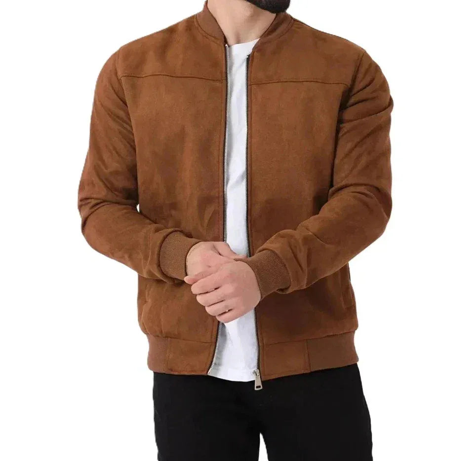 Men's Camel Brown Suede Leather Bomber Jacket - Premium Full-Grain Classic