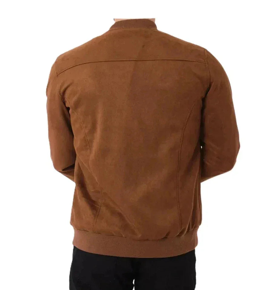 Men's Camel Brown Suede Leather Bomber Jacket - Premium Full-Grain Classic