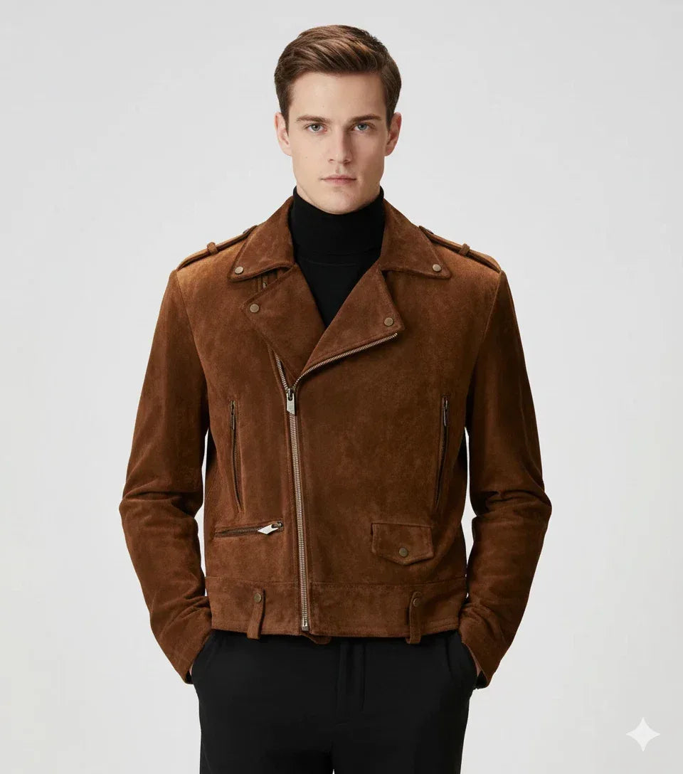 Men's Brown Original Suede Leather Biker Jacket - Premium Full-Grain Military Style