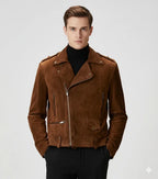 Men's Brown Original Suede Leather Biker Jacket - Premium Full-Grain Military Style – leather jacket, front view – Kamercio