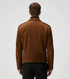 Men's Brown Original Suede Leather Biker Jacket - Premium Full-Grain Military Style – leather jacket, back view – Kamercio