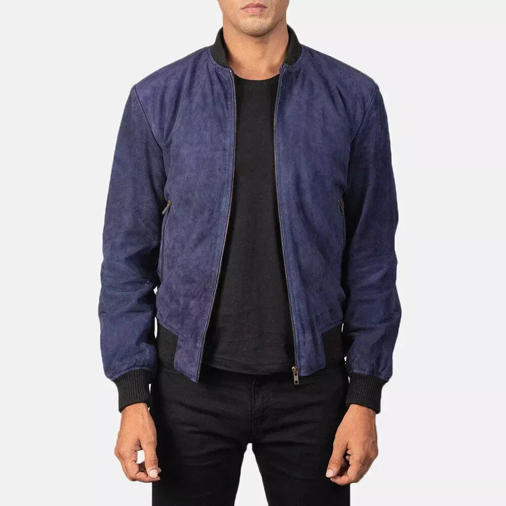 Men's Navy Blue Original Suede Bomber Jacket - Premium Full-Grain Leather