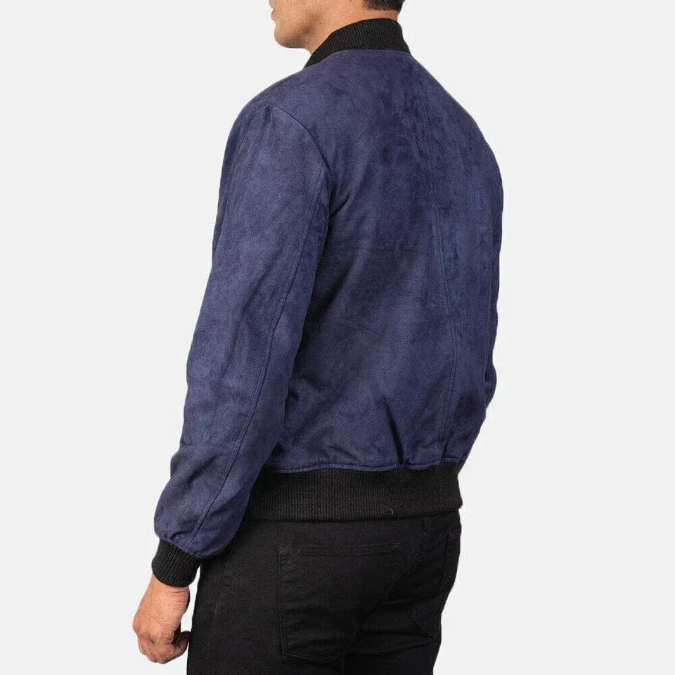Men's Navy Blue Original Suede Bomber Jacket - Premium Full-Grain Leather