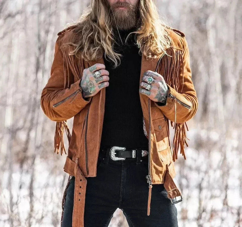 Men's Tan Original Fringe Biker Jacket - Premium Full-Grain Suede Leather