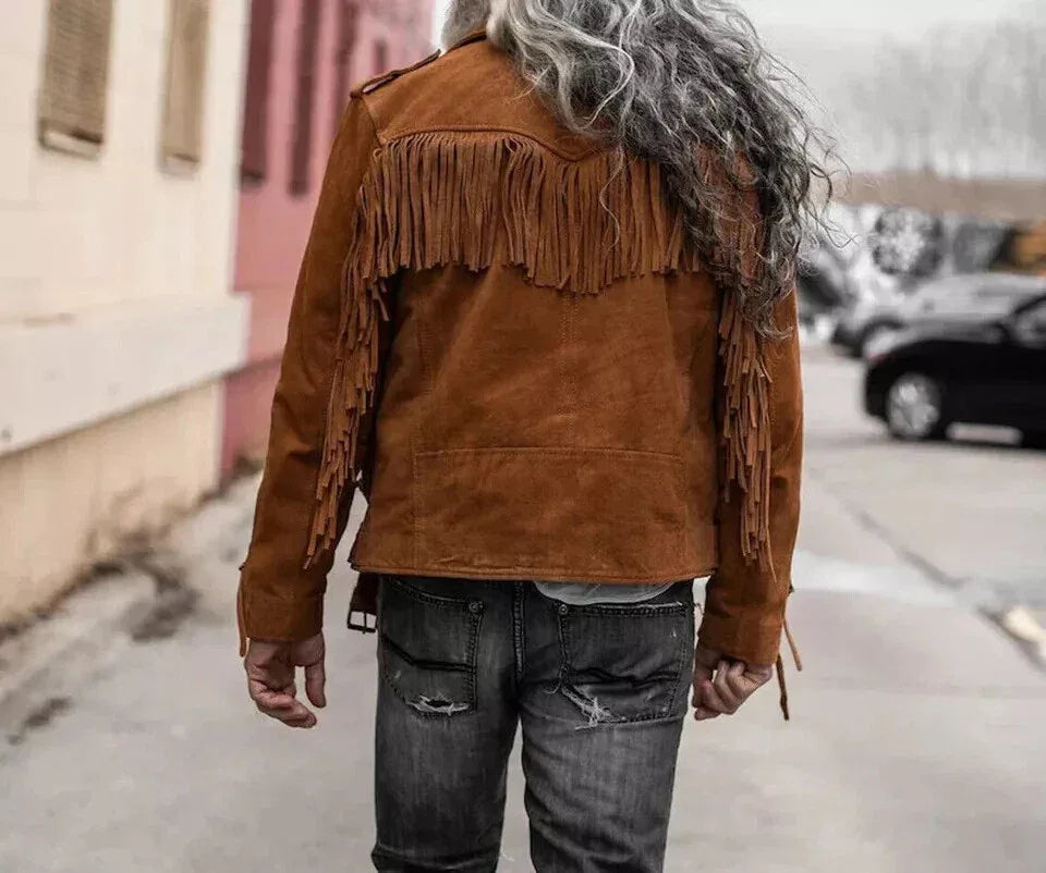 Men's Tan Original Fringe Biker Jacket - Premium Full-Grain Suede Leather