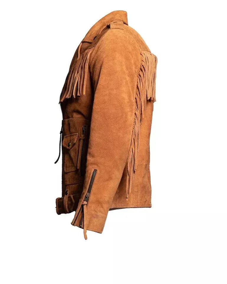 Men's Tan Original Fringe Biker Jacket - Premium Full-Grain Suede Leather