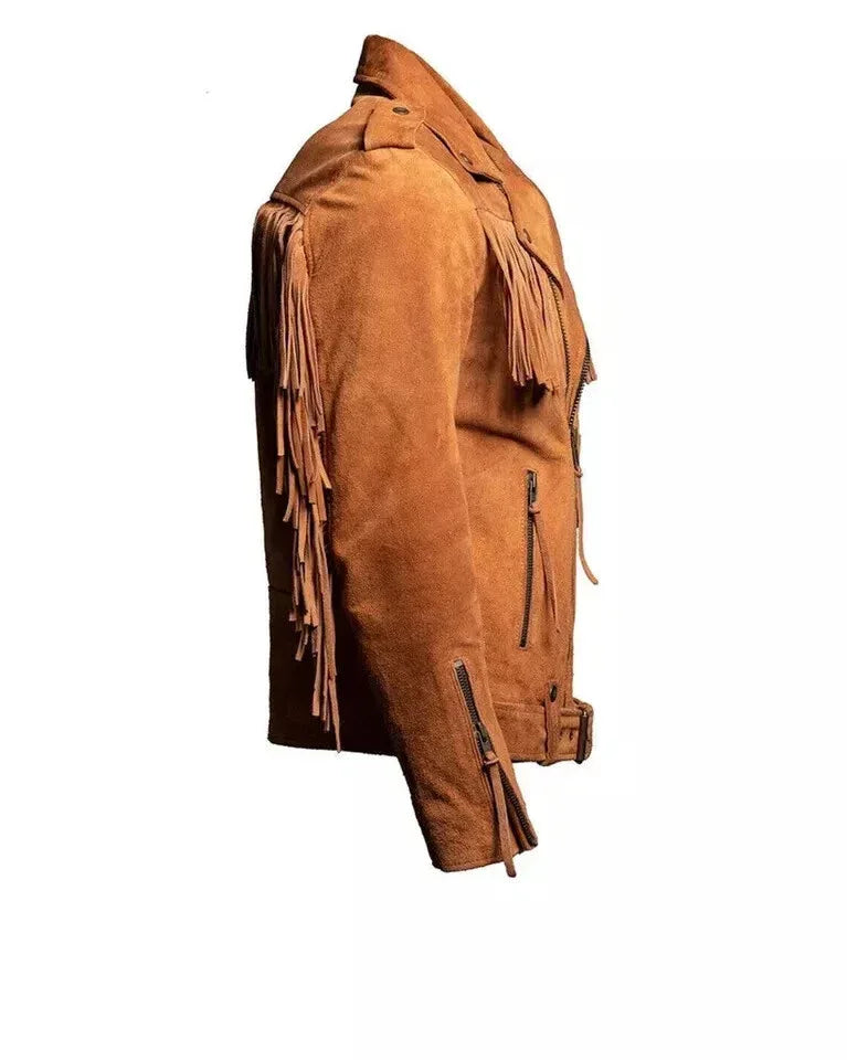 Men's Tan Original Fringe Biker Jacket - Premium Full-Grain Suede Leather