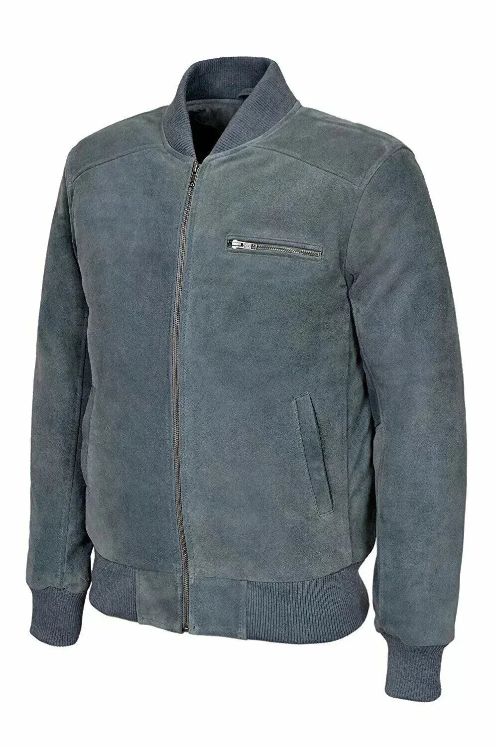 Men's Grey Original Blue Suede Bomber Jacket - Premium Full-Grain Leather