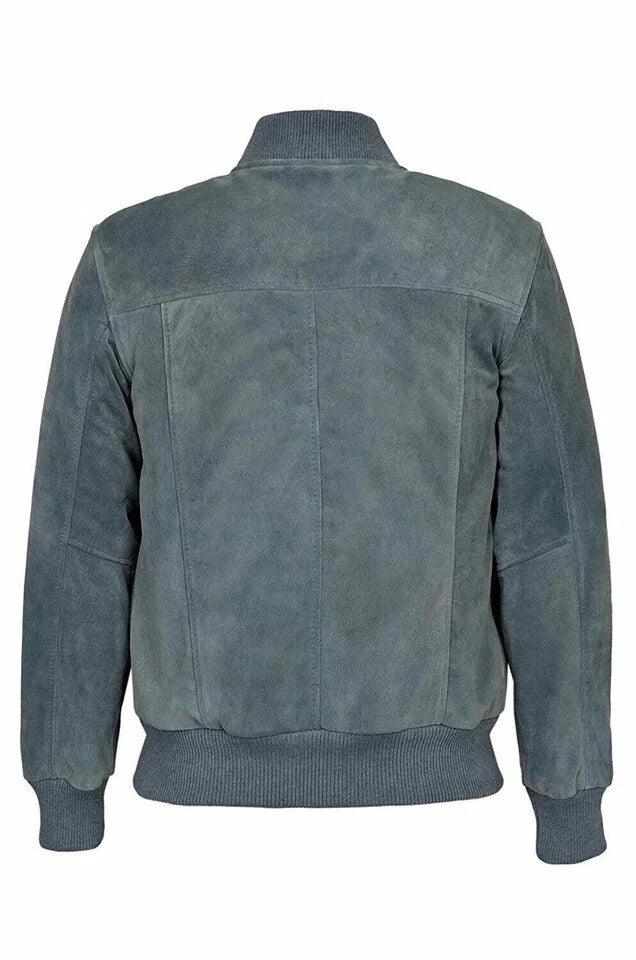 Men's Grey Original Blue Suede Bomber Jacket - Premium Full-Grain Leather