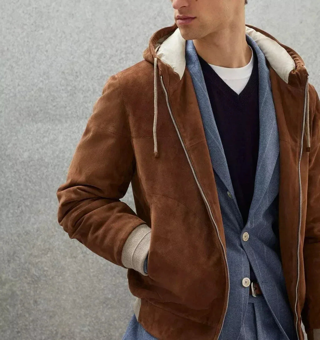 Men's Brown Original Suede Hooded Bomber Jacket - Premium Full-Grain Leather