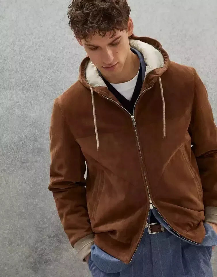 Men's Brown Original Suede Hooded Bomber Jacket - Premium Full-Grain Leather