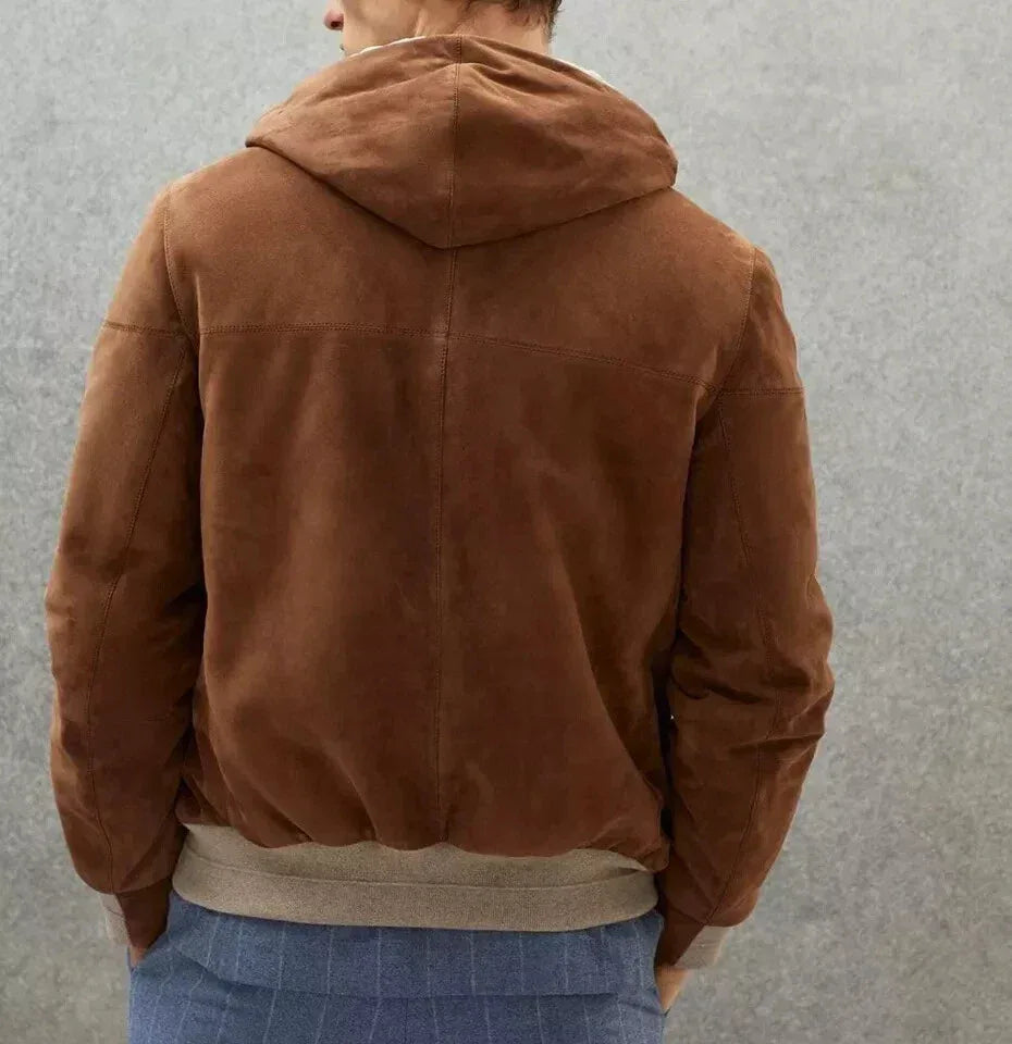 Men's Brown Original Suede Hooded Bomber Jacket - Premium Full-Grain Leather