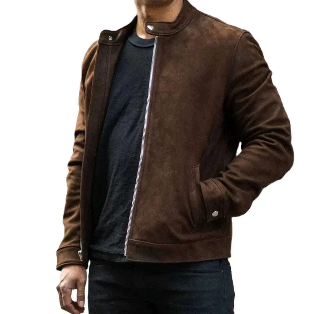 Men's Dark Brown Original Suede Bomber Jacket - Premium Full-Grain Leather