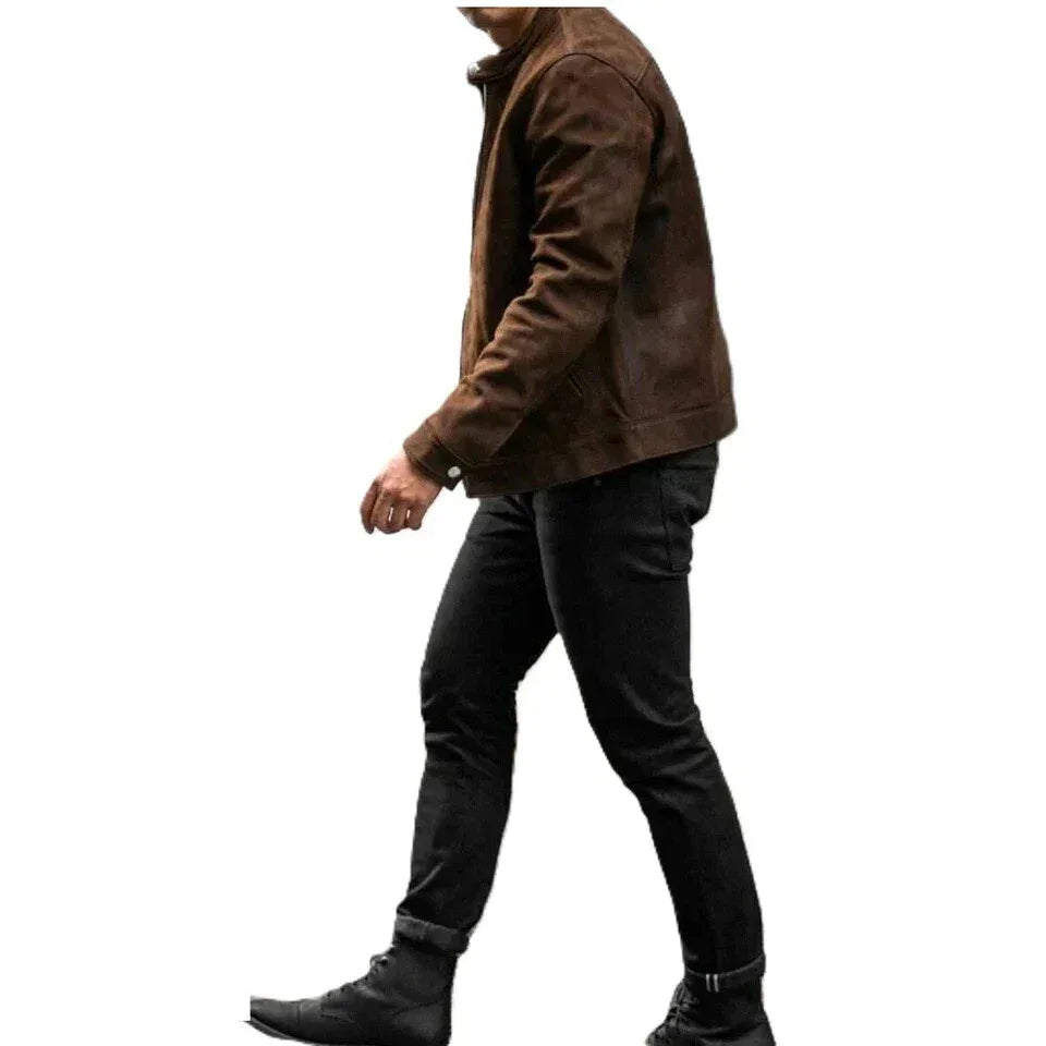 Men's Dark Brown Original Suede Bomber Jacket - Premium Full-Grain Leather