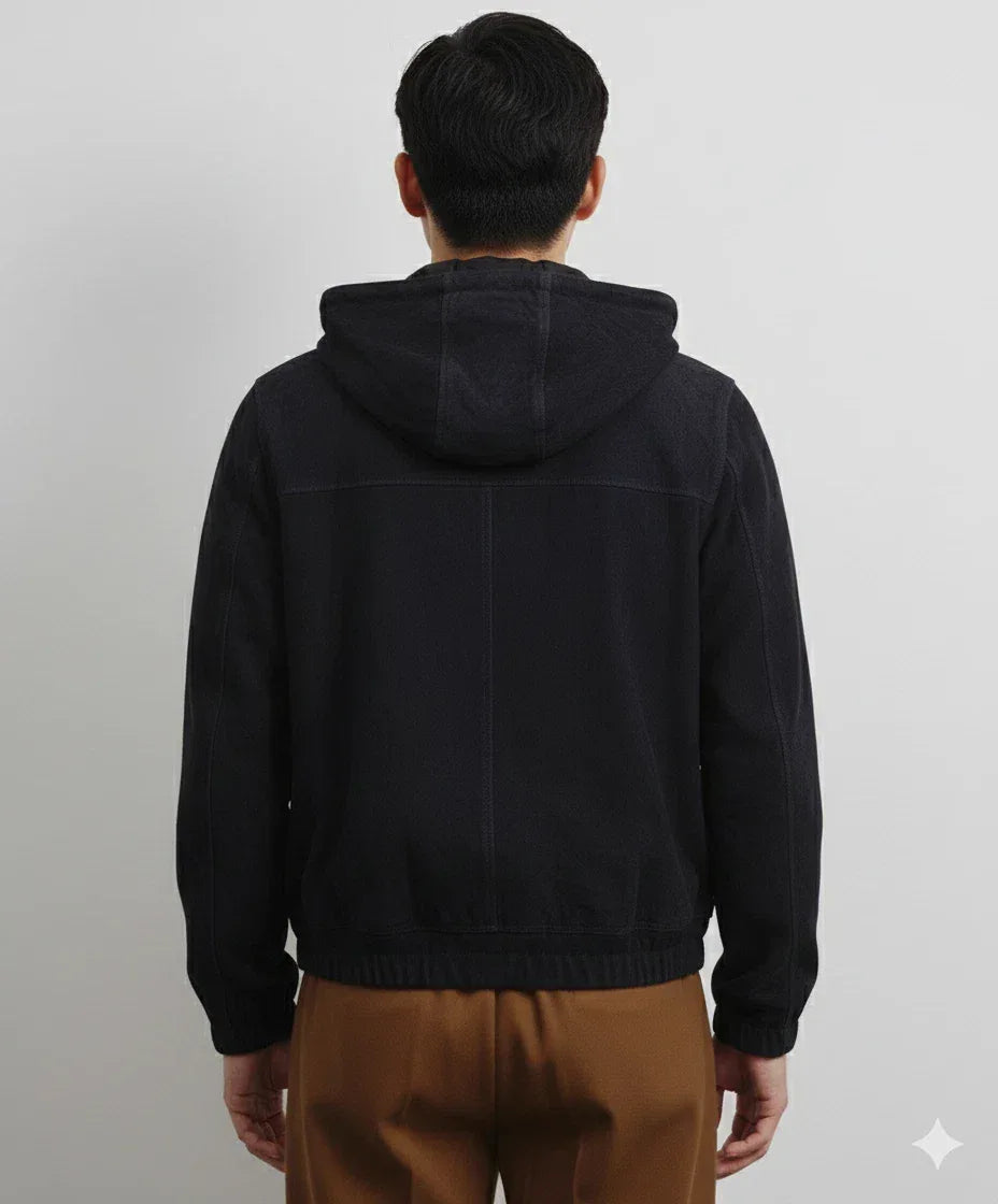 Men's Black Suede Hooded Bomber Jacket - Premium Full-Grain Leather